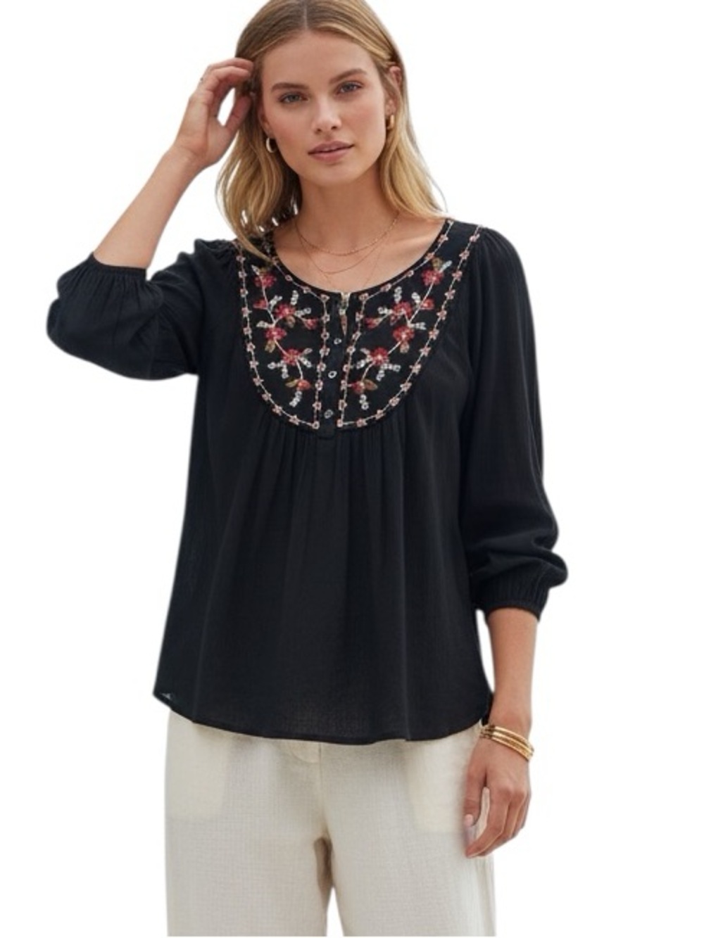 Max Studio Black Embroidered‎ Boho Blouse Size Medium Lightweight Beachy Airy